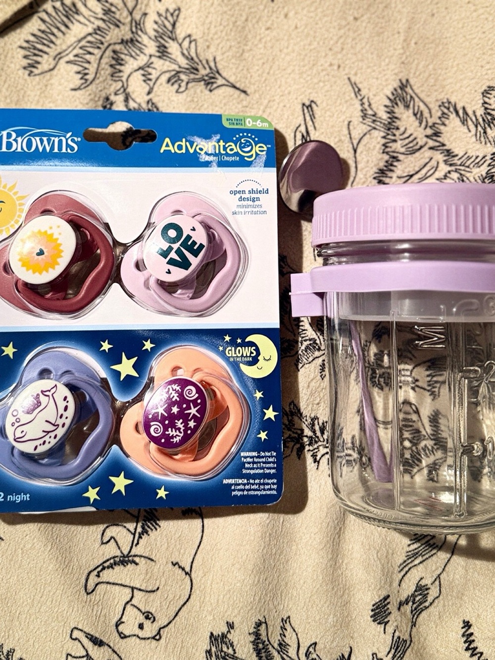 Dr. Brown's Advantage Glow Pacifier Set - Pink & Purple and Glass Feeding cont